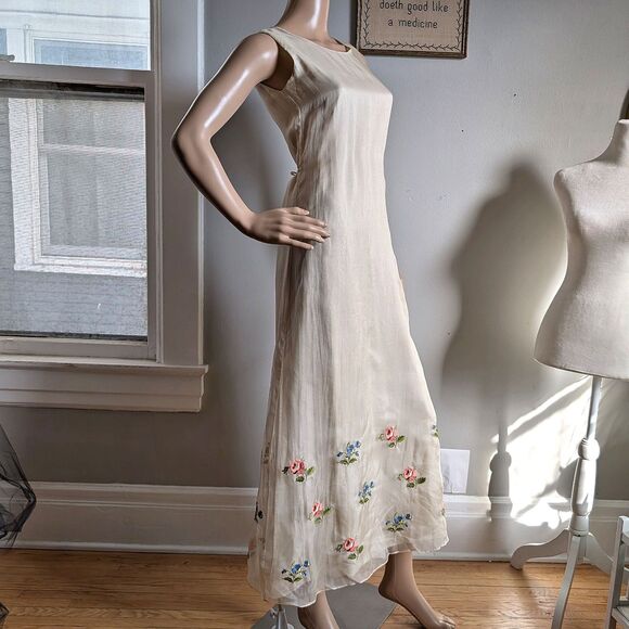 Vintage 90s Laura Ashley Silk Maxi Dress Floral Embroidery Shift Cottagecore 6 - Picture 3 of 13